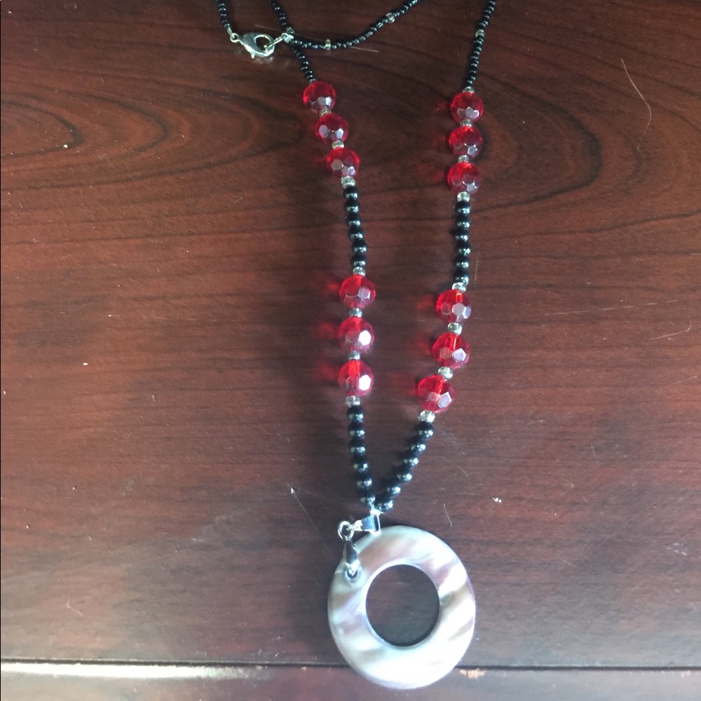 Beaded necklace, sterling silver ring